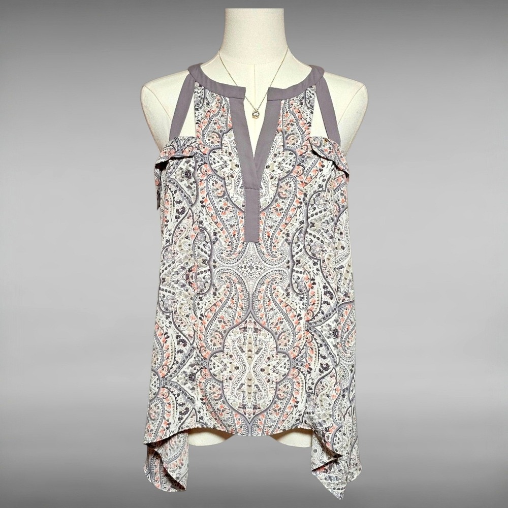 BCBGMAXAZRIA‎ Womens Grey Paisley Cold Shoulder Blouse V-Neck Tank Top Small
